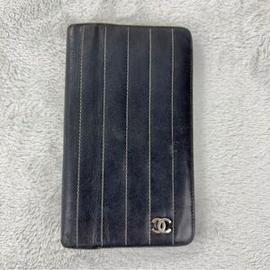 Chanel CC Long Bifold Black Leather Wallet Embroidered